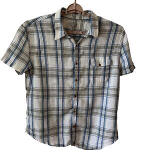 Lucky Brand Men’s 2XL 100% Linen Shirt Blue Green Plaid Button Down Short Sleeve